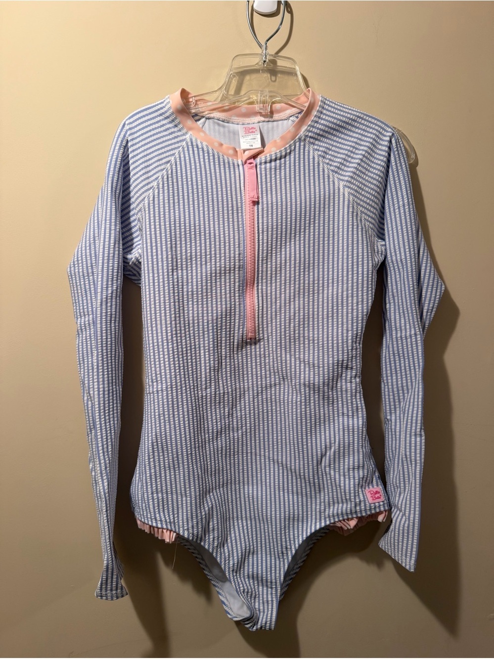Rufflebutts blue/white seersucker long sleeve bathing suit Girls size 16